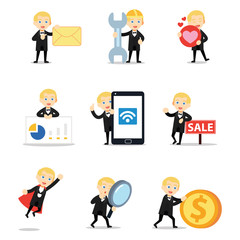 Set of character male French butler is serving his food.