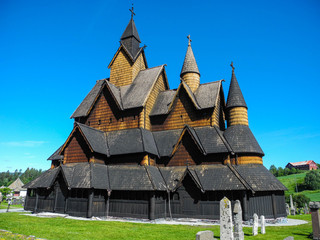 Fototapeta na wymiar Old wooden Stave Church of the 13th century in Heddal. Valgkirke. Norway. Stave Churches are one of the main attractions of Scandinavia.