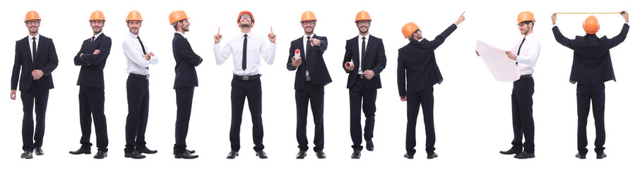 panoramic photo collage of architect engineer isolated on white