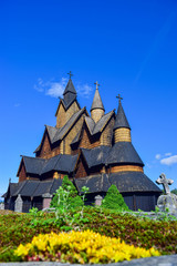 Old wooden Stave Church of the 13th century in Heddal. Valgkirke. Norway. Stave Churches are one of the main attractions of Scandinavia.