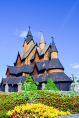 Old wooden Stave Church of the 13th century in Heddal. Valgkirke. Norway. Stave Churches are one of the main attractions of Scandinavia.
