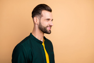 Closeup photo of amazing business guy perfect appearance neat bristle friendly smiling colleagues corporate meeting wear casual stylish clothes isolated beige color background