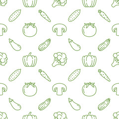 Food background, vegetables seamless pattern. Healthy eating - tomato, mushroom, carrot, pepper, broccoli, cucumber line icons. Vegetarian, farm grocery store vector illustration, green white color