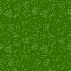 Food background, vegetables seamless pattern. Healthy eating - tomato, garlic, carrot, pepper, broccoli, cucumber line icons. Vegetarian, farm grocery store vector illustration, green color - 315855595