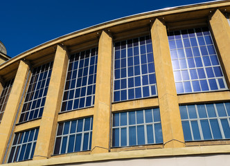 Facade with windows fragment of building in Saint-Petersburg, Russia, 1920s constructivism era