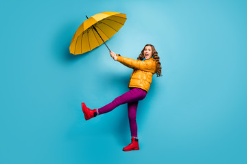 Help me. Full size profile photo of crazy shocked lady hold umbrella flying up with wind blowing...