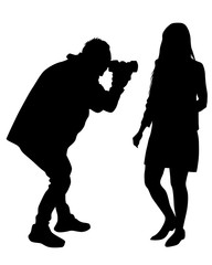 Man with camera and woman on white background. Isolated silhouettes of people on white background