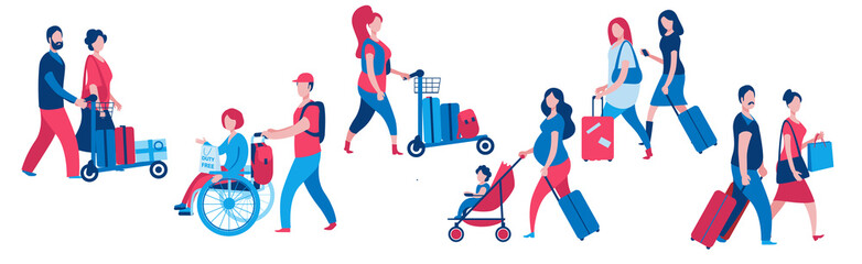 A set of characters from various social categories with suitcases and backpacks. Travelers of different ages. Vector illustration in blue and red colors.