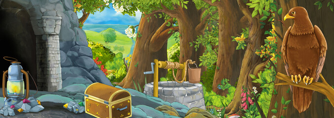 cartoon scene with eagle bird in the forest with hidden entrance illustration for children