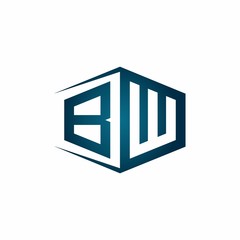BW monogram logo with hexagon shape and negative space style ribbon design template