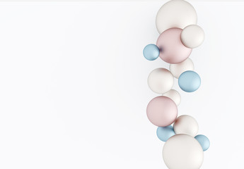 Blue, pink and white pearls of different sizes on a white background, abstract 3D background. 3D rendering.