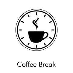 Logotipo Coffee Break. Icono plano taza de café con humo con reloj en color negro