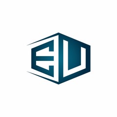 EU monogram logo with hexagon shape and negative space style ribbon design template