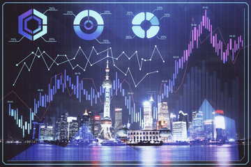 Financial graph on night city scape with tall buildings background multi exposure. Analysis concept.