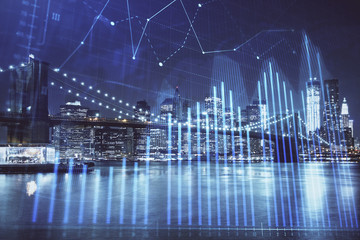 Financial chart on city scape with tall buildings background multi exposure. Analysis concept.