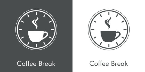 Logotipo Coffee Break. Icono plano taza de café con humo con reloj en fondo gris y fondo blanco