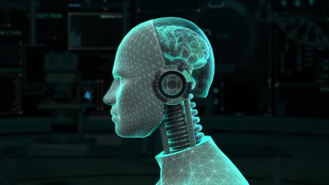 Humanoid robot with an Artificial Intelligence brain, X-ray image with background, 4k animation.