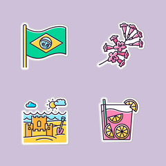 Brazil printable patches. National flag. RGB color stickers, pins and badges set. Plumeria. Caipirinha. Sand castle on the coast. Traditional cocktail. Ocean beach. Vector isolated illustrations