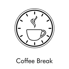 Logotipo Coffee Break. Icono plano lineal taza de café con humo con reloj en color negro