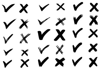 set of hand drawn check (V) signs isolated on white background. Vector checklist marks icon set. sketch check marks.