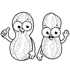 Cartoon peanut characters. Vector black and white coloring page.