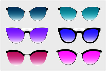 Sunglasses set. Trendy sunglasses colors. Summer eyeglasses. Fashion collection. Summer vacation item. Sunglasses for tropical trip. Glasses with gradient colored glass. Vector illustration.