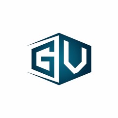 GV monogram logo with hexagon shape and negative space style ribbon design template