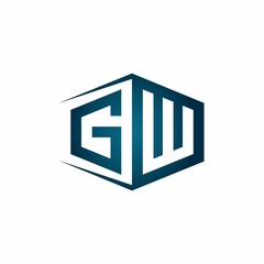 GW monogram logo with hexagon shape and negative space style ribbon design template
