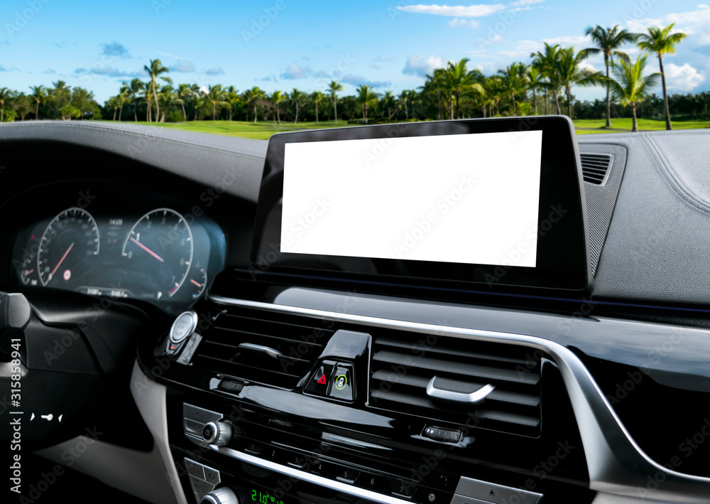 Wall mural monitor in car with isolated blank screen use for navigation maps and gps. isolated on white with cl