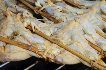 Street food, many kind of food sold in market,  foot path with space for write wording. Dirty unhealthy food caused many kinds of digestive tract infection,