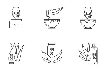 Aloe vera pixel perfect linear icons set. Medicinal herbs juice. Pure lotion. Healing liquid from plants. Customizable thin line contour symbols. Isolated vector outline illustrations. Editable stroke