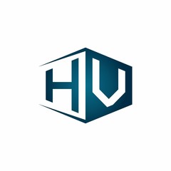 HV monogram logo with hexagon shape and negative space style ribbon design template