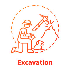 Excavation concept icon. Archaeological expedition. Historical research. Search for ancient artifacts. Cultural layer. Vector isolated outline RGB color drawing