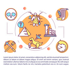 Fototapeta premium Ancient world history concept icon with text. Life BC. Archaeology and paleontology. Article page vector template. Brochure, magazine, booklet design element with linear illustrations