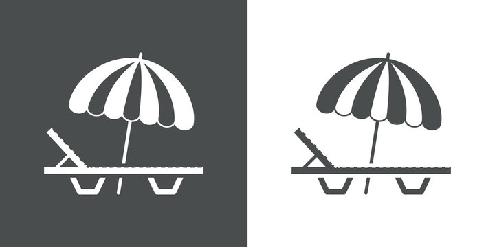 Concepto de vacaciones y viajes. Icono plano silla de playa con sombrilla en fondo gris y fondo blanco