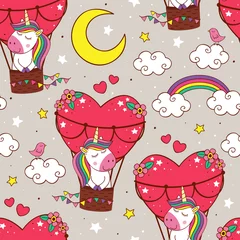 Wallpaper murals Animals with balloon seamless pattern with cute unicorn is flying in a balloon - vector illustration, eps    