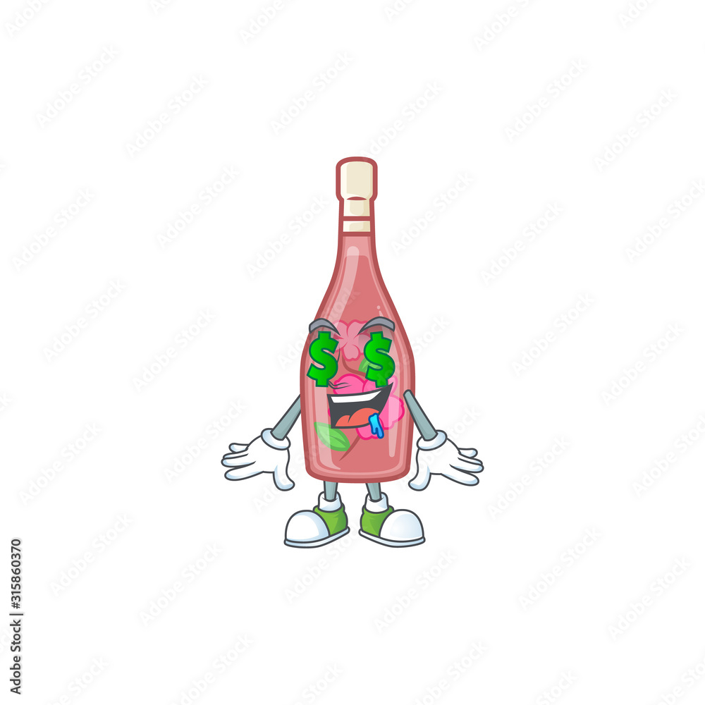 Sticker happy rich pink bottle wine with money eye cartoon character style