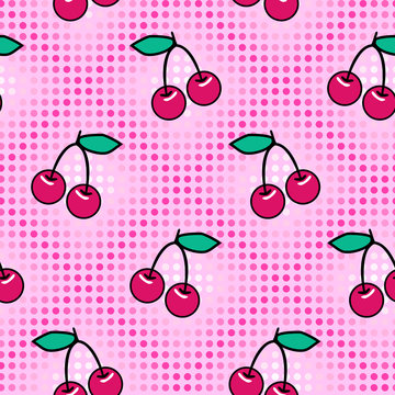 Cute cherry seamless pattern. Sweet red ripe berries isolated on pop art style background. Vector wallpaper.