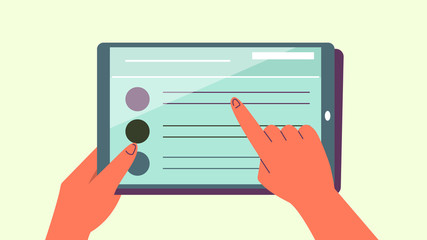 Hands holding tablet and showing some on screen. Close up vector illustration.