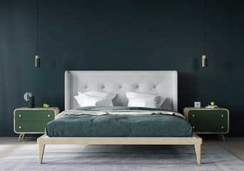Stylish bedroom interior in dark green and light beige - obrazy, fototapety, plakaty