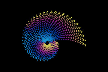 Abstract spiral pattern made of colored dots.