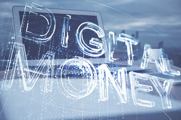 Double exposure of blockchain theme hologram and table with computer background. Concept of bitcoin crypto currency.