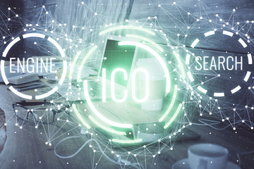 Double exposure of blockchain theme hologram and table with computer background. Concept of bitcoin...