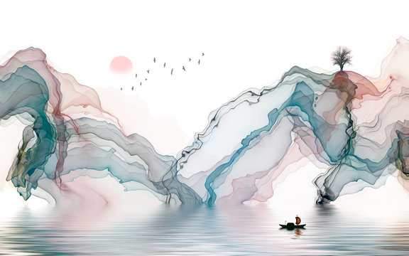 Hand-painted lines, abstract ink landscape decorations, art poster background