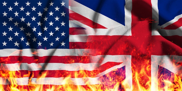 National flag of the United States with the United Kingdom on a waving cotton with a fire texture 