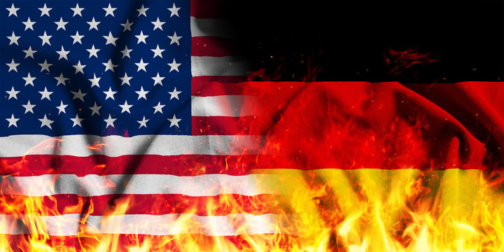 National flag of the United States with Germany on a waving cotton with a fire texture 