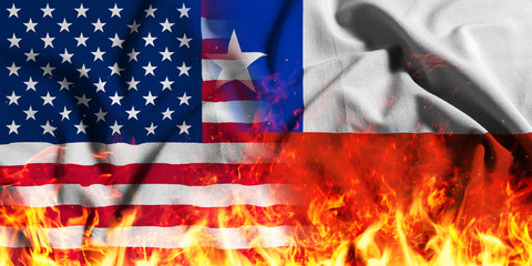 National flag of the United States with Chile on a waving cotton with a fire texture 