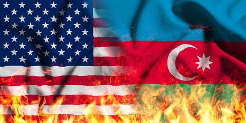 National flag of the United States with Azerbaijan on a waving cotton with a fire texture 