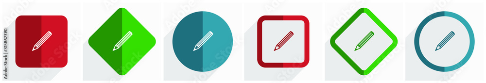 Aufkleber Pencil icon set, flat design vector illustration in 6 options for webdesign and mobile applications in eps 10