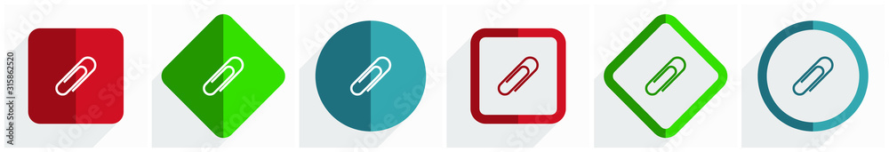 Aufkleber paperclip icon set, flat design vector illustration in 6 options for webdesign and mobile applicatio